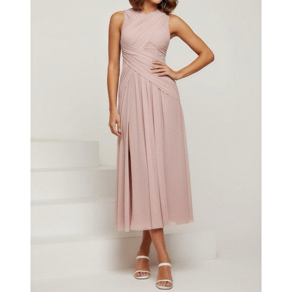 MISS ROSIER Serenite Lilac Cross-Over Mesh Midi Dress , Purple, Small